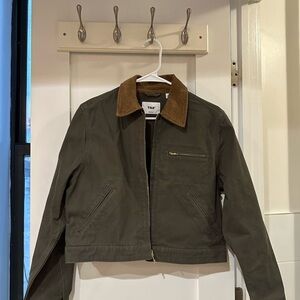 TNA Olive Green Workwear Jacket with Brown Collar, size XS